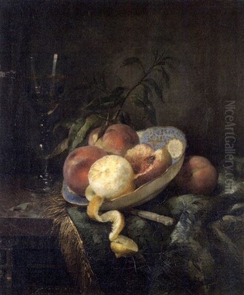 Nature Morte Aux Peches Et Citron Sur Un Entablement Oil Painting by Louis Marie de Schryver