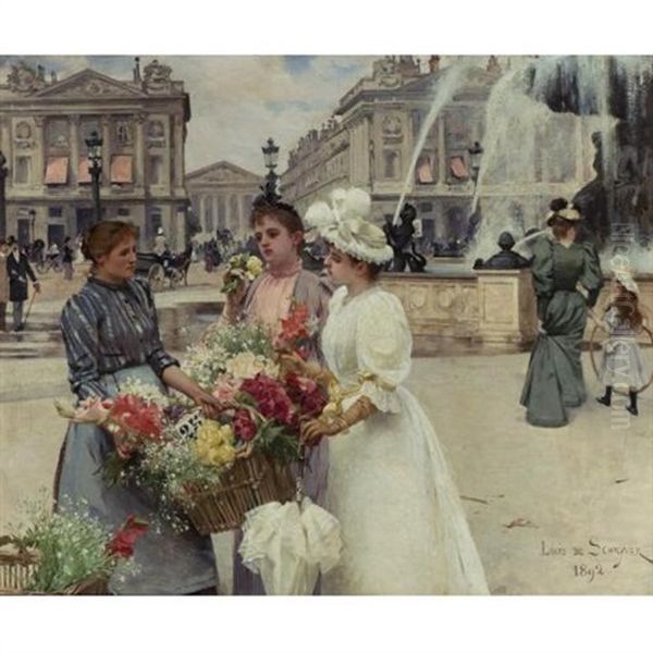 A Flower Seller At The Place De La Concorde Oil Painting by Louis Marie de Schryver