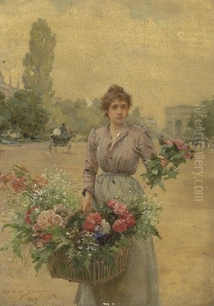 A Flower Seller Near The Arc De Triomphe Oil Painting by Louis Marie de Schryver