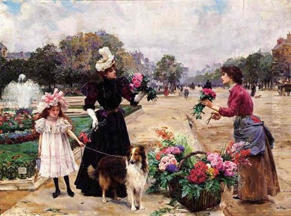 The Flower Seller, Champs Elysees, Rampart Gardens Oil Painting by Louis Marie de Schryver