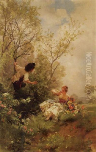 Schackerndes Junges Paar Im Freien Vor Baumen Auf Einer Blumenwiese Oil Painting by Louis Marie de Schryver