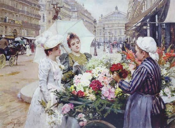 The Flower Seller, Avenue De L'opera, Paris Oil Painting by Louis Marie de Schryver