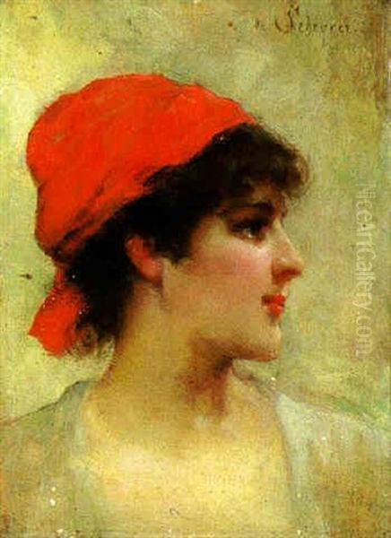 Portrait Of A Young Woman With A Red Turban Oil Painting by Louis Marie de Schryver