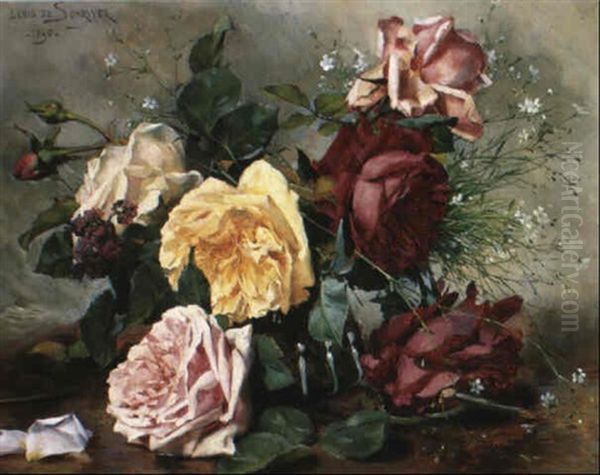 Stilleben Mit Weisen, Gelben, Rosafarbenen Und Roten Rosen Oil Painting by Louis Marie de Schryver