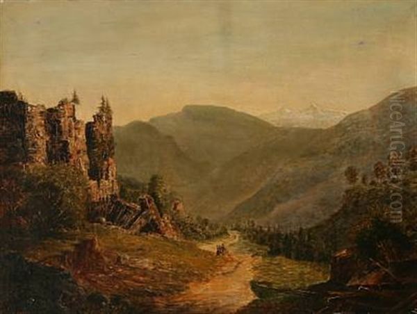 An Italian Summer Mountain Landscape Oil Painting by Henrich Schubeler