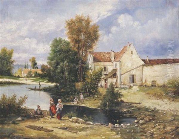 Idyll Am Dorfteich Oil Painting by Franz August Schubert