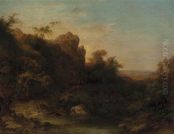 Felsformation Im Waldviertel (graslhohle), Im Hintergrund Stadtsilhouette Von Horn? Oil Painting by Heinrich Carl Schubert