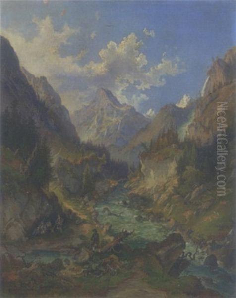 Jager Im Dachsteingebirge Oil Painting by Heinrich Carl Schubert