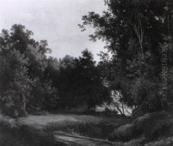 Waldlichtung Mit Einer Reisigsammlerin Links Im Schatten Der Baume Oil Painting by Heinrich Carl Schubert