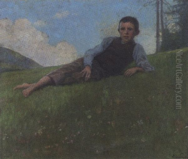 Liegender Junge Auf Der Alm Oil Painting by Hugo Schubert