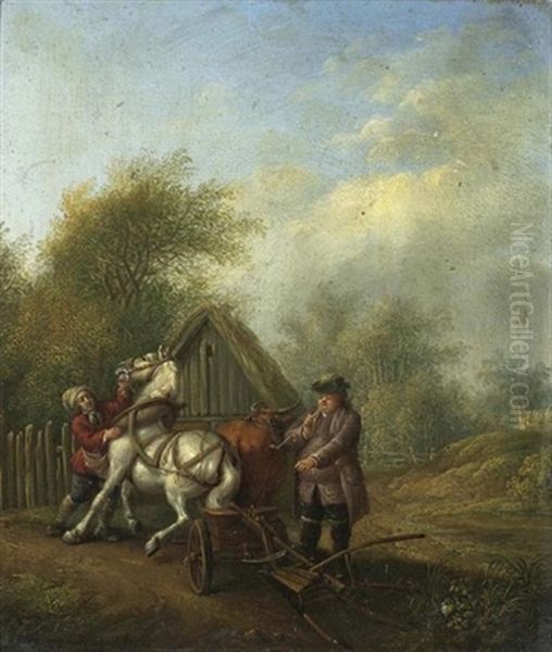 Gutsherr Und Knecht Mit Pflug Oil Painting by Johann David Schubert