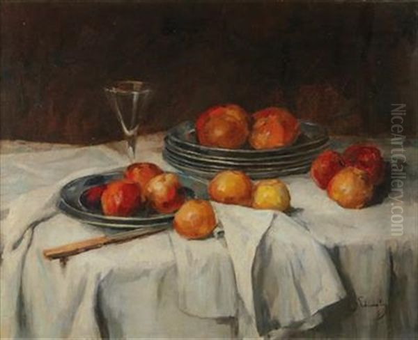 Still Life With Apples And Wine Glass Oil Painting by Carl Schuch