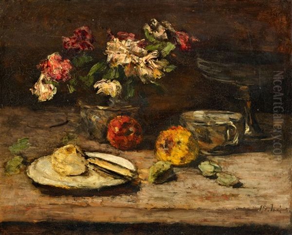 Still Life With Flowers And Apples Oil Painting by Carl Schuch