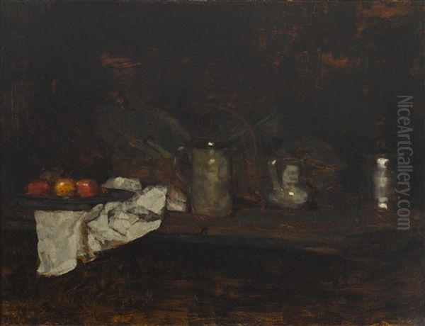 Stillleben Mit Gemusekorb, Bierseidel Und Apfeln Oil Painting by Carl Schuch