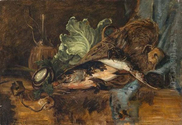 Kuchenstillleben Mit Fisch, Korb Und Einem Kohlkopf Oil Painting by Carl Schuch