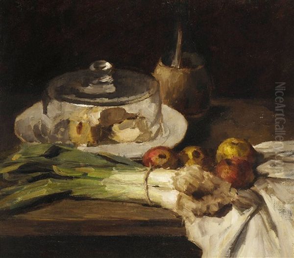 Stillleben Mit Lauch, Apfeln Und Kaseglocke Oil Painting by Carl Schuch