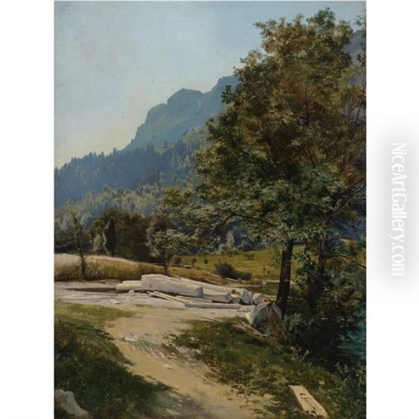 Wald Mit Gefallten Baumen - Wooded Landscape Oil Painting by Carl Schuch