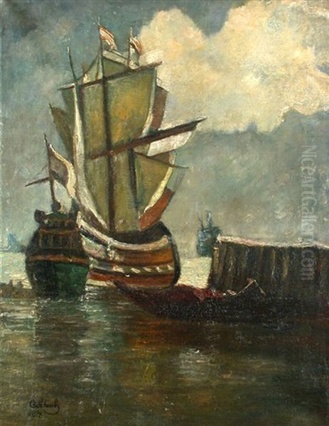 Segelschiffe An Der Mole Oil Painting by Carl Schuch