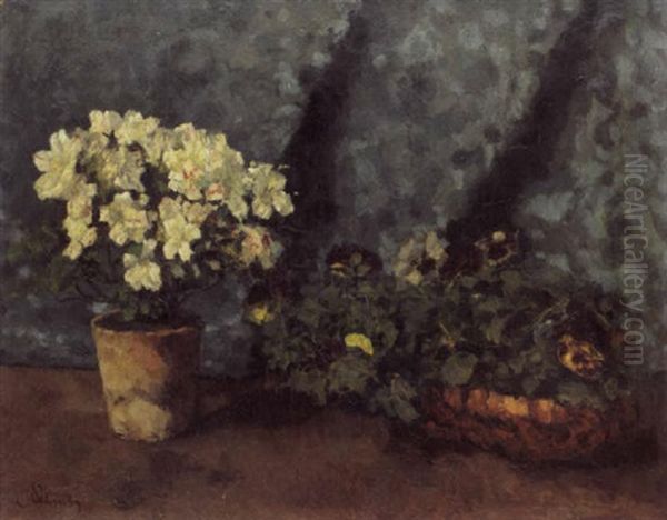 Blumentopf Mit Azaleen Und Stiefmutterchenkorb Oil Painting by Carl Schuch