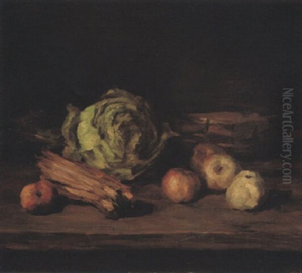 Kuchenstilleben Mit Kohl, Holzbundel Und Apfeln Oil Painting by Carl Schuch