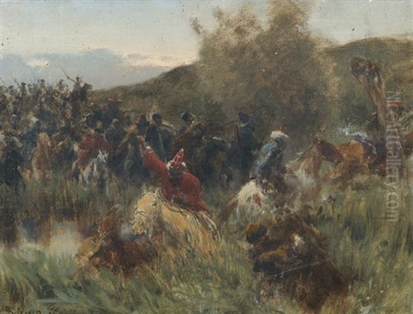 Schlacht Bei Zorndorf (preliminary Sketch) Oil Painting by Werner Wilhelm Gustav Schuch