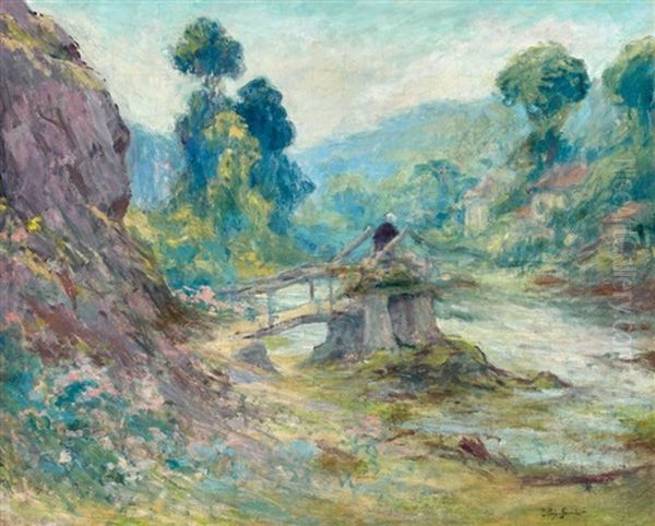 Paysanne Sur Un Vieux Pont Ou Paysage Au Petit Pont Ou Ruisseau Dans Les Montagnes Oil Painting by Claude Emile Schuffenecker