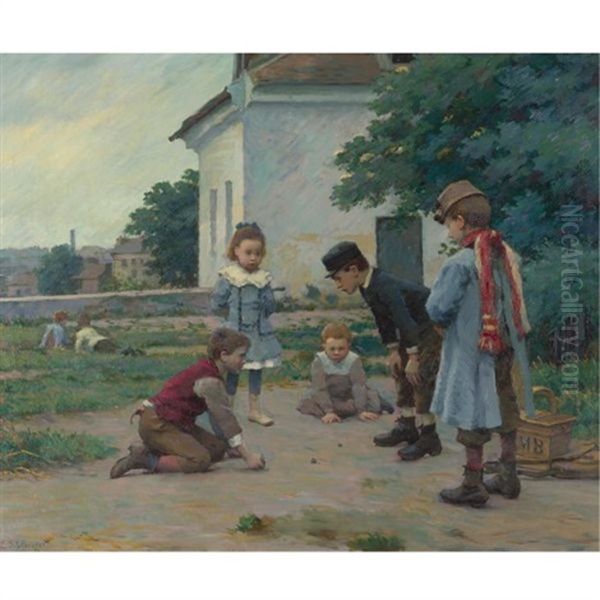 Children Playing With Marbles (2 Works) Oil Painting by Claude Emile Schuffenecker