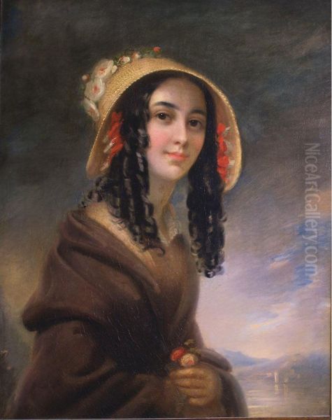 Portrait Of A Young Lady With A Straw Hat Oil Painting by William Boxall