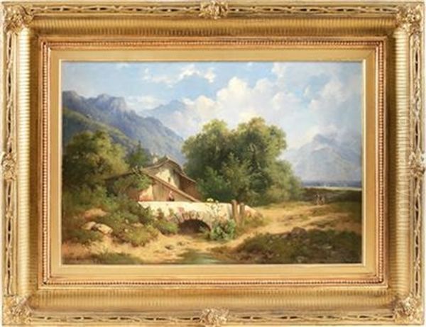 Berglandschaft, Im Vordergrund Mit Brucke Und Figurlicher Staffage Oil Painting by Dominik Schufried