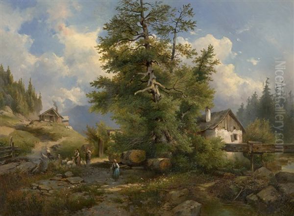 Gebirgslandschaft Mit Almhutten Oil Painting by Dominik Schufried