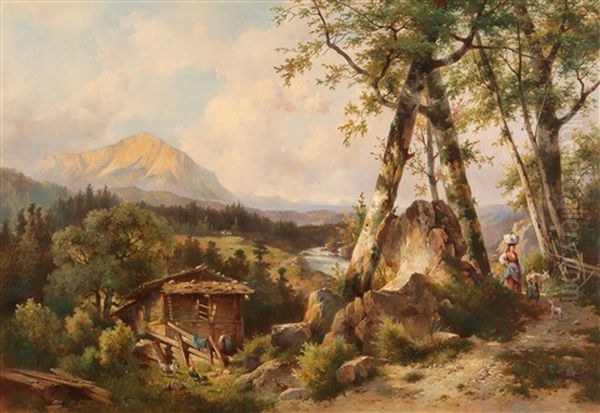 Large Mountain Landscape With Figures Oil Painting by Dominik Schufried