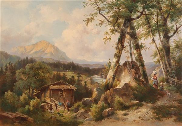 Large Mountain Landscape With Decorative Figures Oil Painting by Dominik Schufried