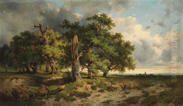 Open Landscape With Woman Gathering Brushwood by Dominik Schufried