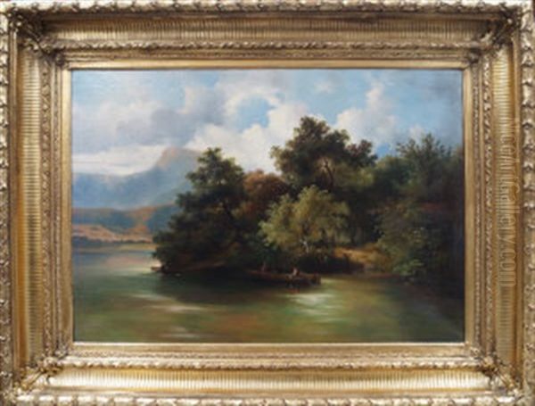 Boating In A Tranquil River Landscape With Woodland And Mountains In The Distance Oil Painting by Dominik Schufried