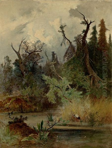 Storch An Einem Waldteich Vor Gebirgshintergrund Oil Painting by Hans Schuhly