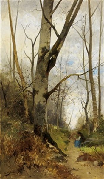 Waldlandschaft Mit Rastender Reisigsammlerin Oil Painting by Hans Schuhly