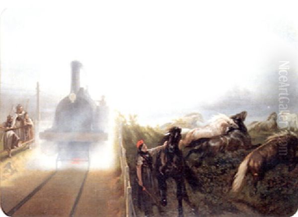 Chevaux En Liberte Surpris Par Les Chevaux-vapeurs Oil Painting by Jules-Theophile Schuler