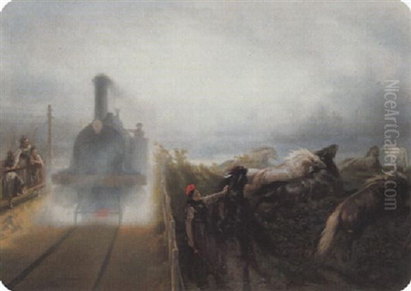 Chevaux En Liberte Surpris Par Les Chevaux-vapeurs Oil Painting by Jules-Theophile Schuler