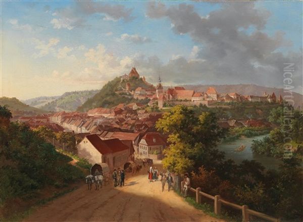 View Over The Old Town Of Sighisoara With The Tarnava Mare, In The Background The Schulberg Oil Painting by Ludwig Friedrich Schuller