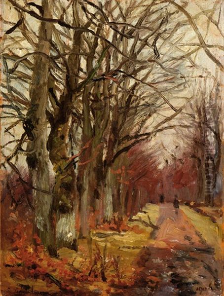 Trees By A Road (+ Figures On A Forrest Road; 2 Works) Oil Painting by Lion Schulman