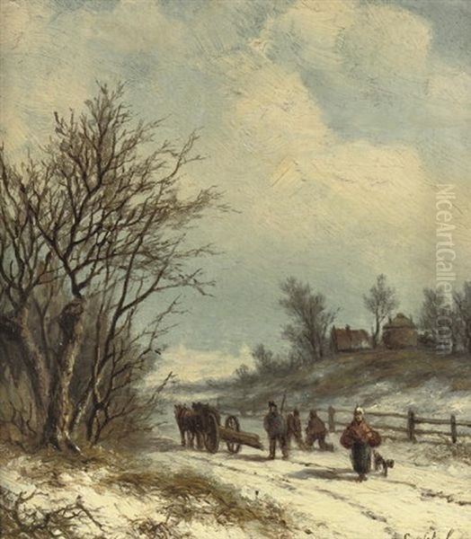 Gezigt In De Omstreeken Van Arnhem - Wood Gatherers On A Snowy Path Near Arnhem Oil Painting by Lion Schulman