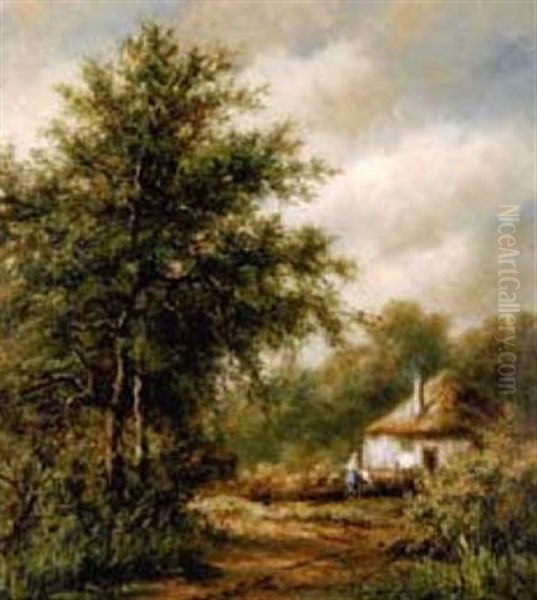 A Woman By A Cottage Oil Painting by Lion Schulman