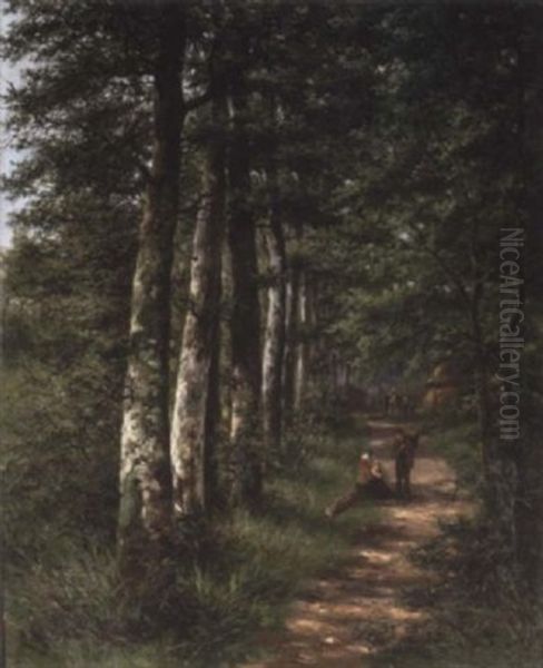 Figures Chatting On A Tree Lined Path Oil Painting by Lion Schulman