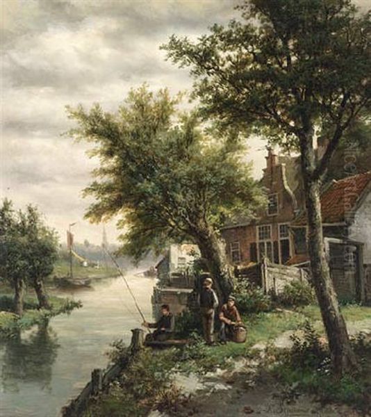 Anglers Along The Gooische Vaart, Hilversum Oil Painting by Lion Schulman