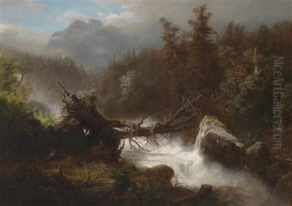 Wasserfall In Den Alpen Mit Figurlicher Staffage Oil Painting by Arnold Schulten