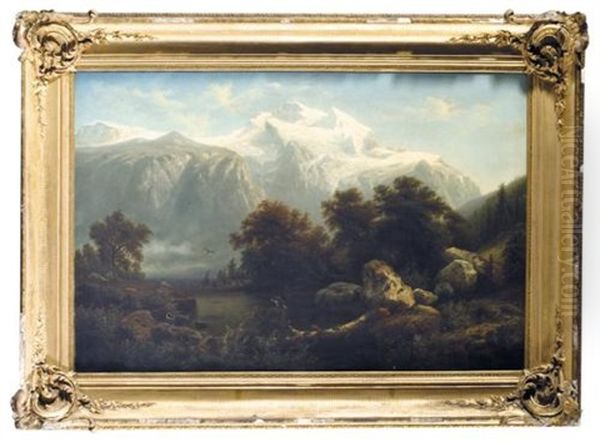 Birds Of Prey In A Mountain River Landscape (raubvogel An Einem Gebirgsfluss) Oil Painting by Arnold Schulten