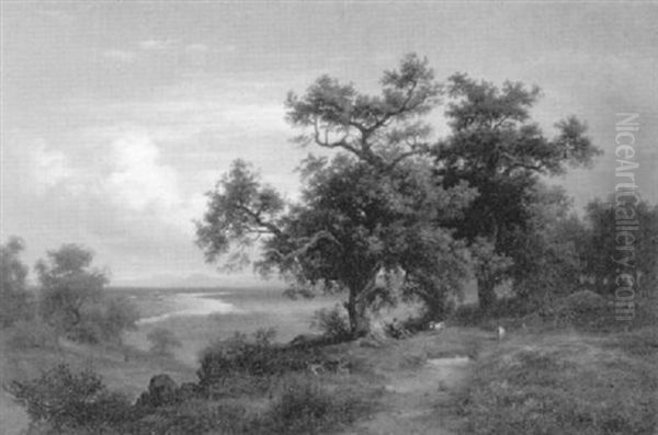 Eichengruppe Mit Rastendem Hirten Uber Einer Weiten Flusniederung Oil Painting by Arnold Schulten