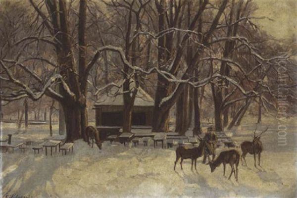 Der Hirschgarten Im Winter Oil Painting by Karl Schultheiss