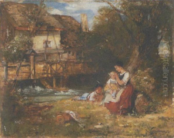 Mutter Mit Ihren Kindern Am Fluss Oil Painting by Karl Schultheiss