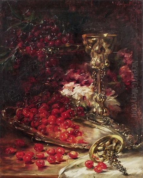 Stilleben Mit Akeleypokal Und Kirschen Oil Painting by Nathalie Schultheiss